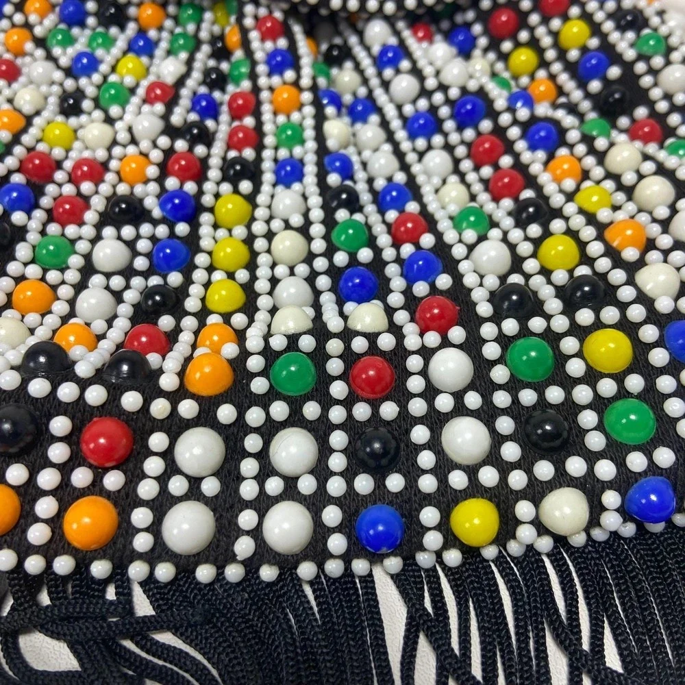 Vintage Beaded Cinch Purse Fringed  Bag‎ 1970's Candy Dot Drawstring Colorful